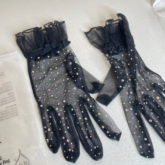 New Black Rhinestone Tulle Gloves - Picture 5 of 12